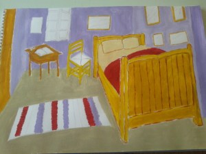  My 1st painting. I have strayed from the original Van Gogh. This is Jo's room. It still needs work. Painting is hard :)